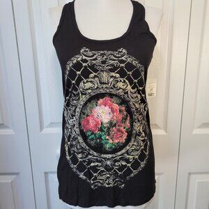 DYNAMITE Black Lattice Victorian Filigree Rose Frame Racerback Tank Top XS NWT